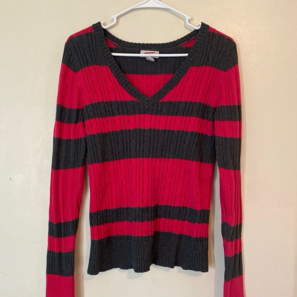 American Eagle Outfitters Red and Gray Striped Women's Sweater